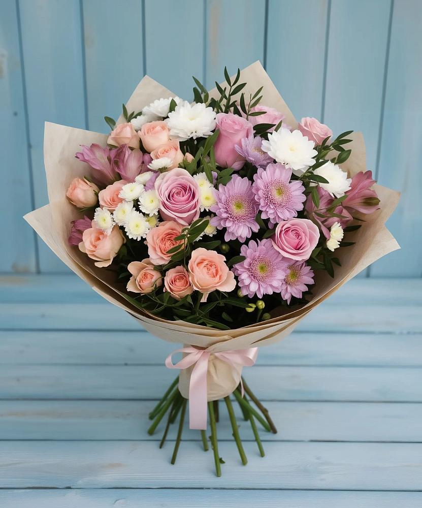Букет цветов из: Хризантемы, Розы и Альстромерии в Заводском