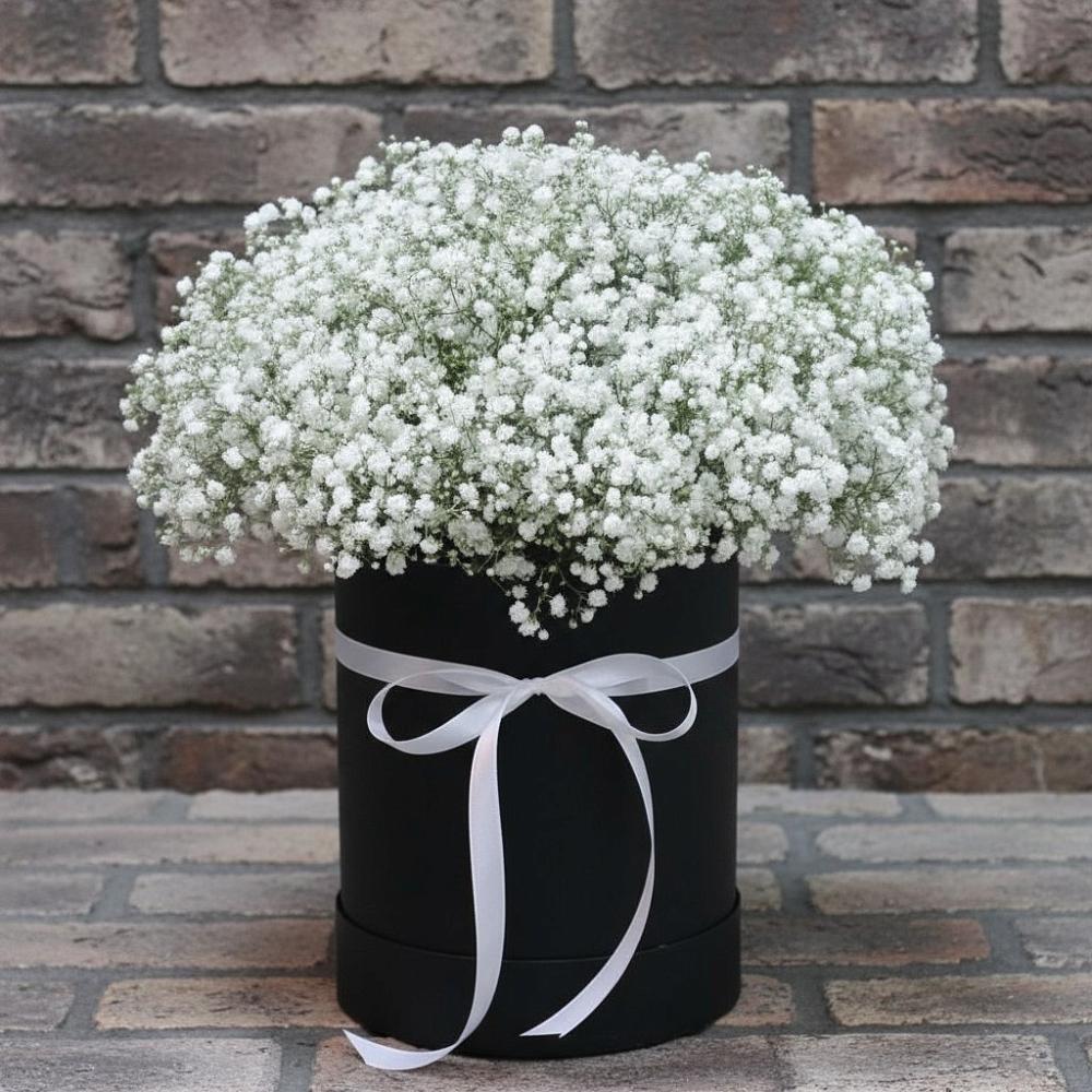 Цветочная композиция из Гипсофила в шляпной коробке в Заводском