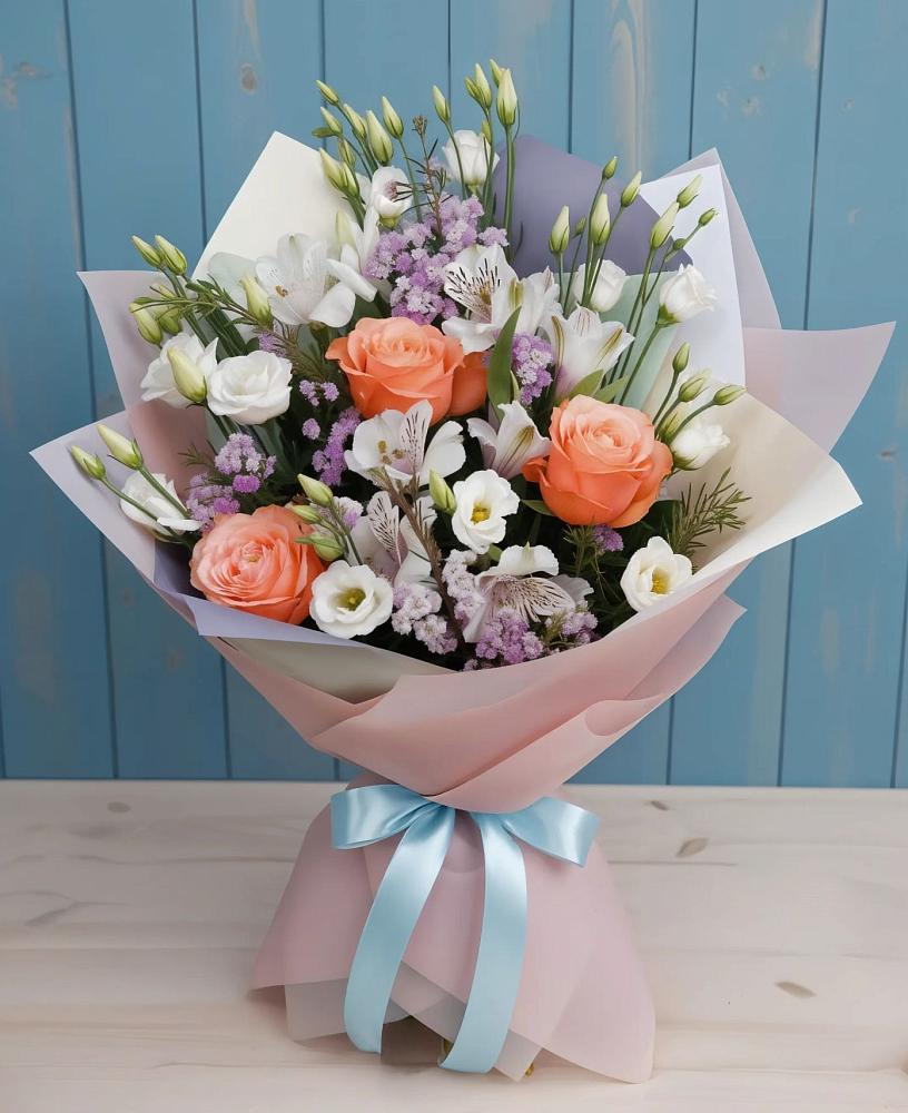 Букет цветов из: Лизиантусы, Розы, Альстромерии и Гипсофила в Заводском