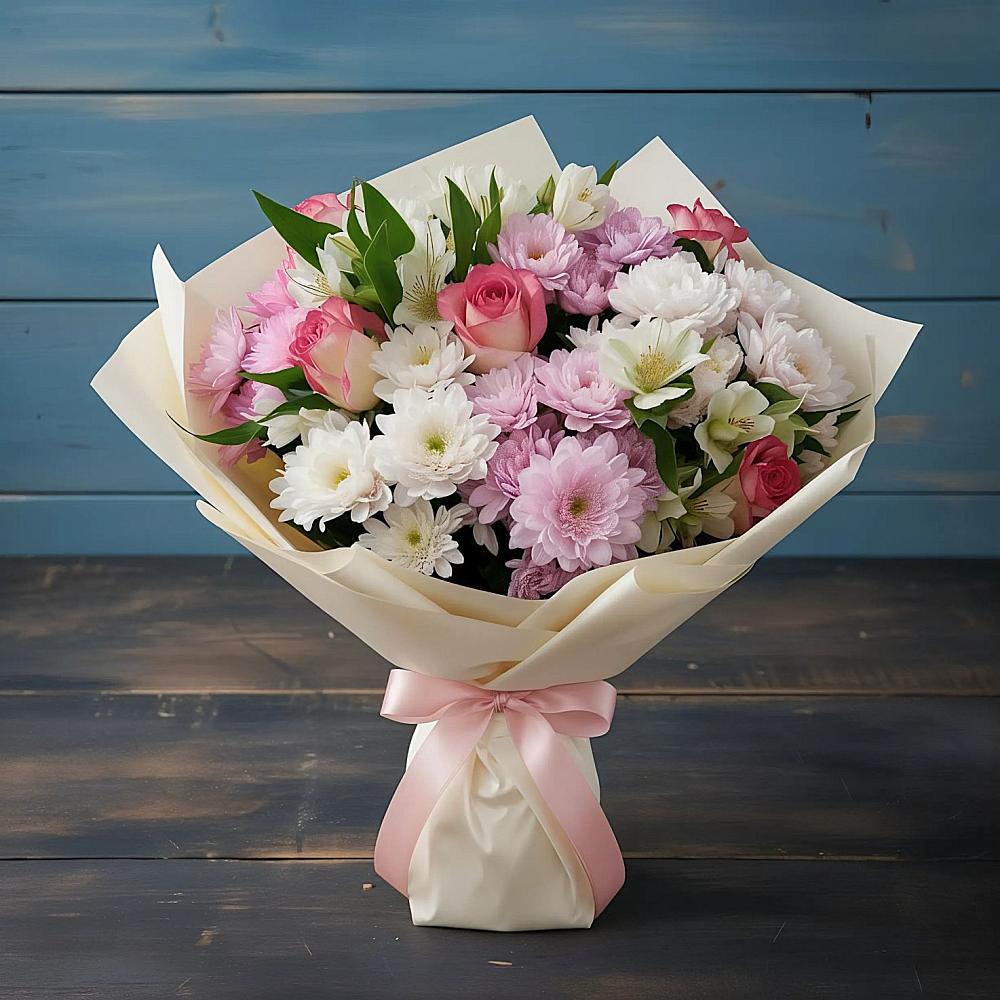 Букет цветов из: Хризантемы, Альстромерии и Розы в Заводском